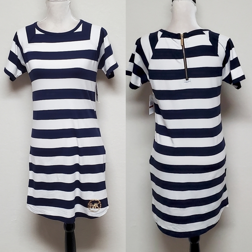 Michael Michael Kors Navy Blue White Striped Short Sleeve Midi Dress Summer